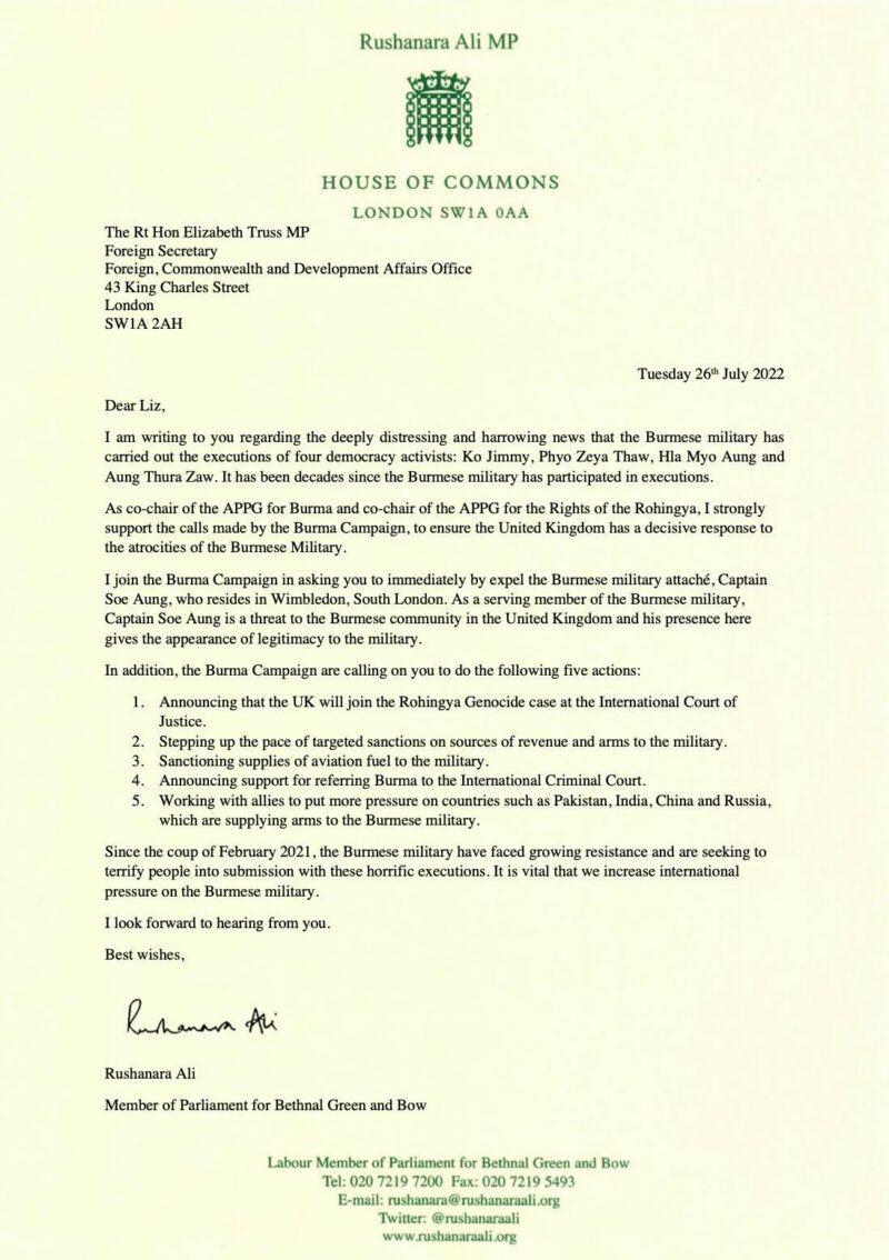 MRushanara Ali MP letter to the Foreign Secretary regarding the executions of four democracy activists in Burma.