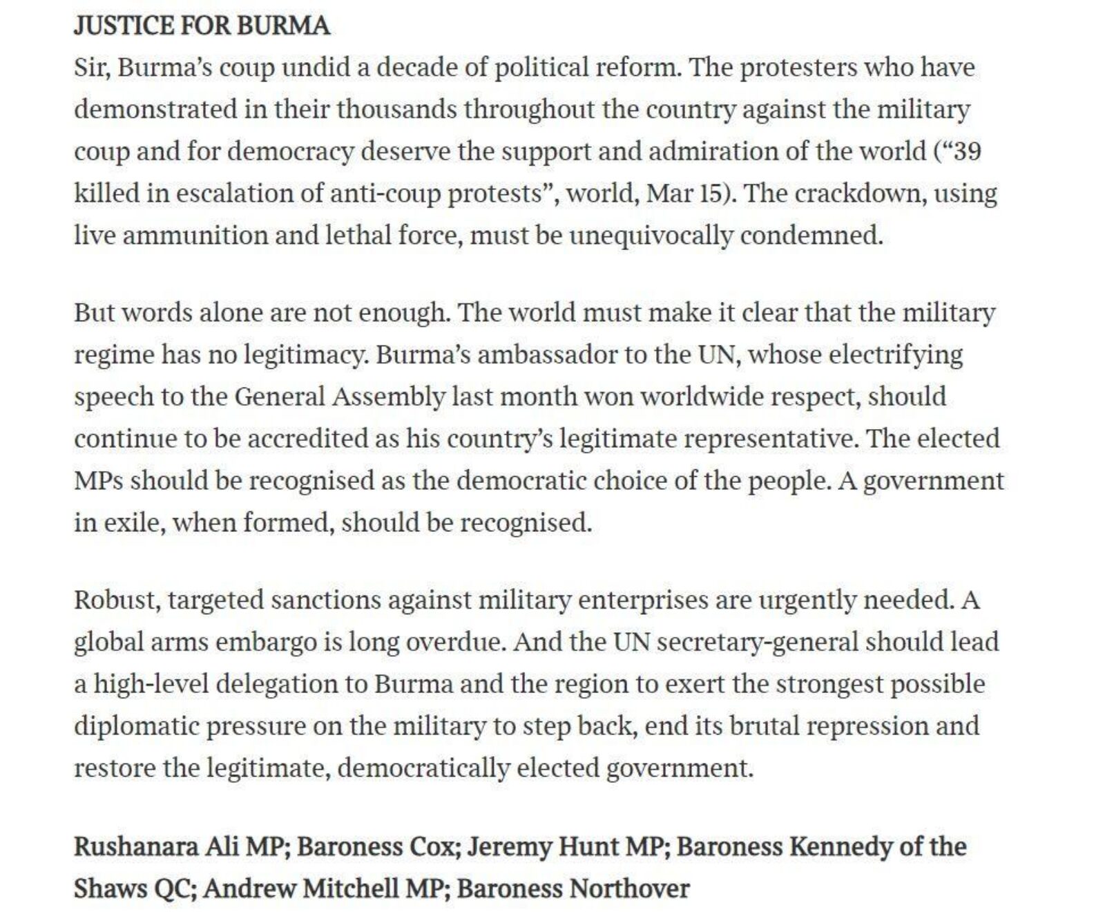 Letter to the Editor on Justice for Burma