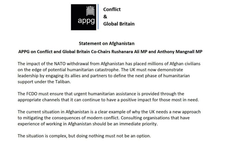 Rushanara Ali MP statement on Afghanistan as co-chair of the APPG on Conflict and Global Britain.