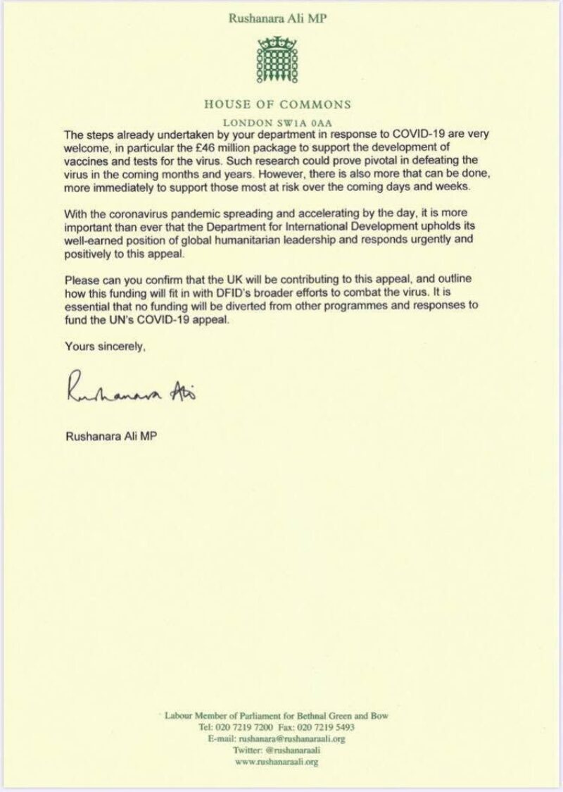 Letter to the Secretary of State for International Development