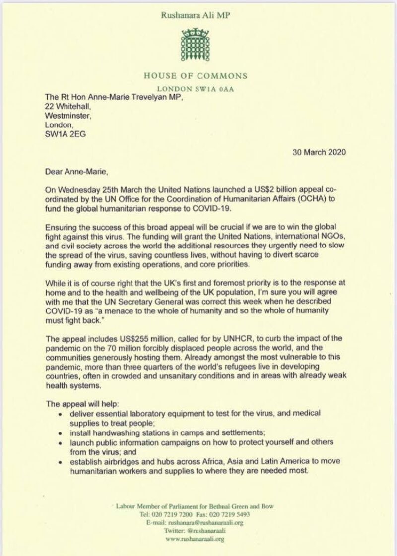 Letter to the Secretary of State for International Development